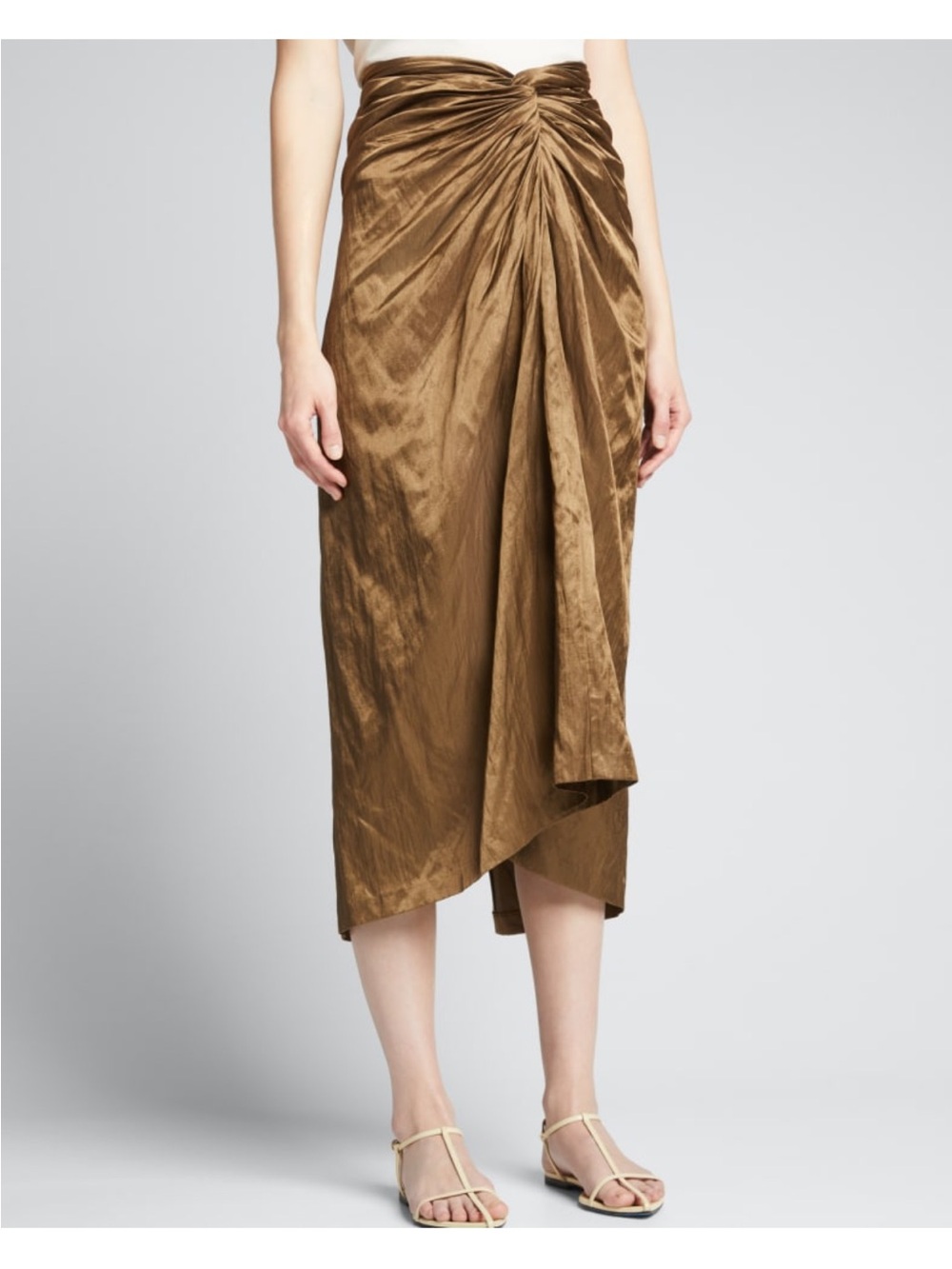 Vince Metallic Olive Brown Twist-Front Midi Cotton Blend Skirt